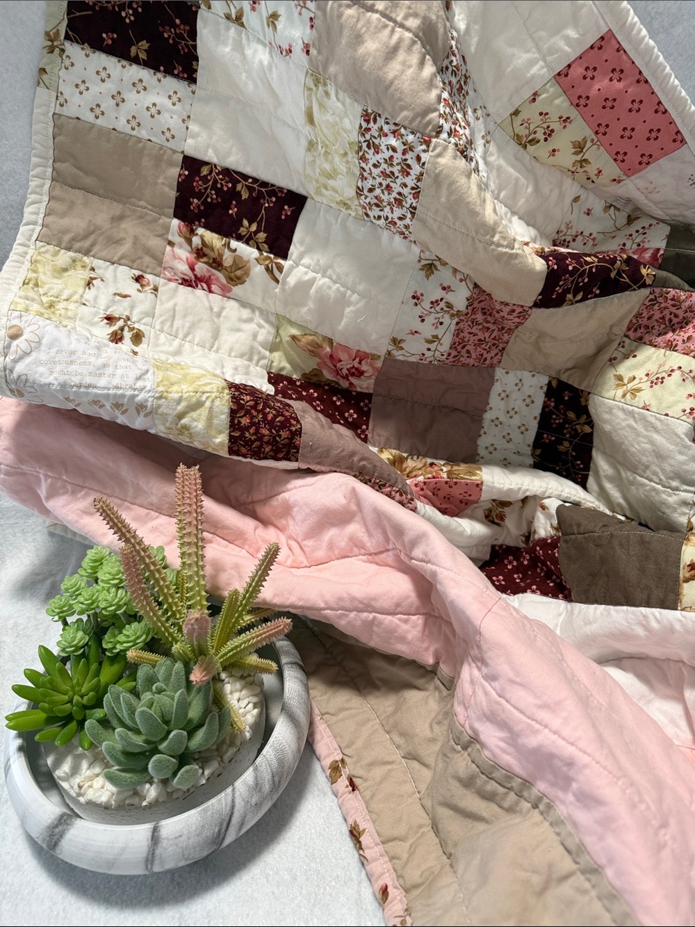 Handmade Classic Patchwork Quilted Throw Blanket - Pink, Cream, Brown